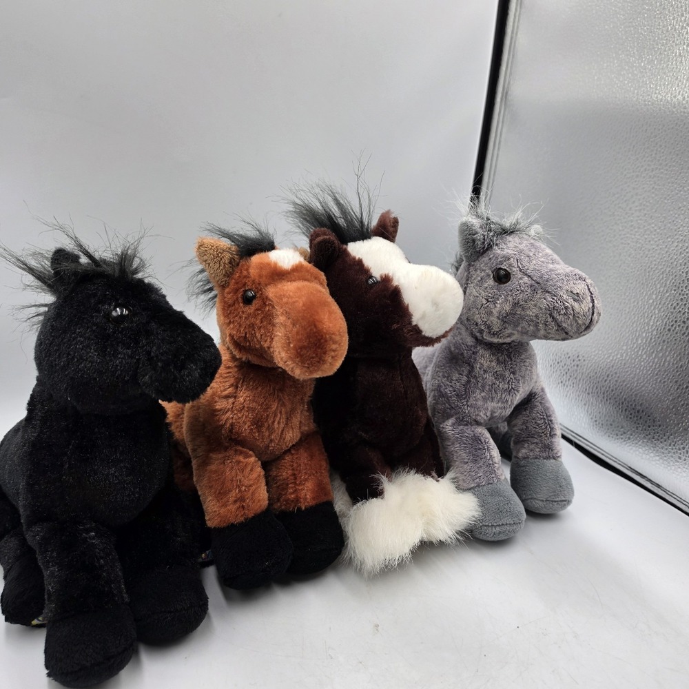 Vtg Webkinz Ganz Horse Set Of 4 Blk Stallion Grey & Brwn Arabians Clydesdale